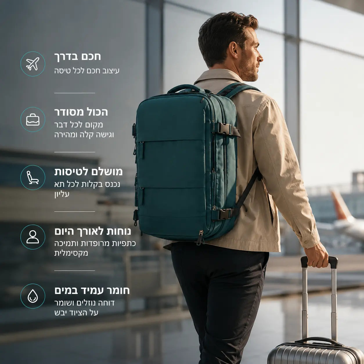 נוסע בשדה התעופה עם תיק הטיסות SkyFlow המתאים לעלייה למטוס ומציע נפח אחסון גדול לנסיעות