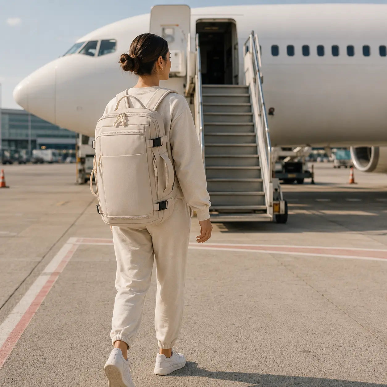 נוסעת עם תיק הטיסות AeroFlow על הגב בדרכה לעלייה למטוס בשדה התעופה