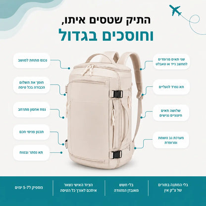 תיק טיסות AeroFlow המתאים לעלייה למטוס עם תאים מרובים, תא לנעליים ונפח אחסון גדול