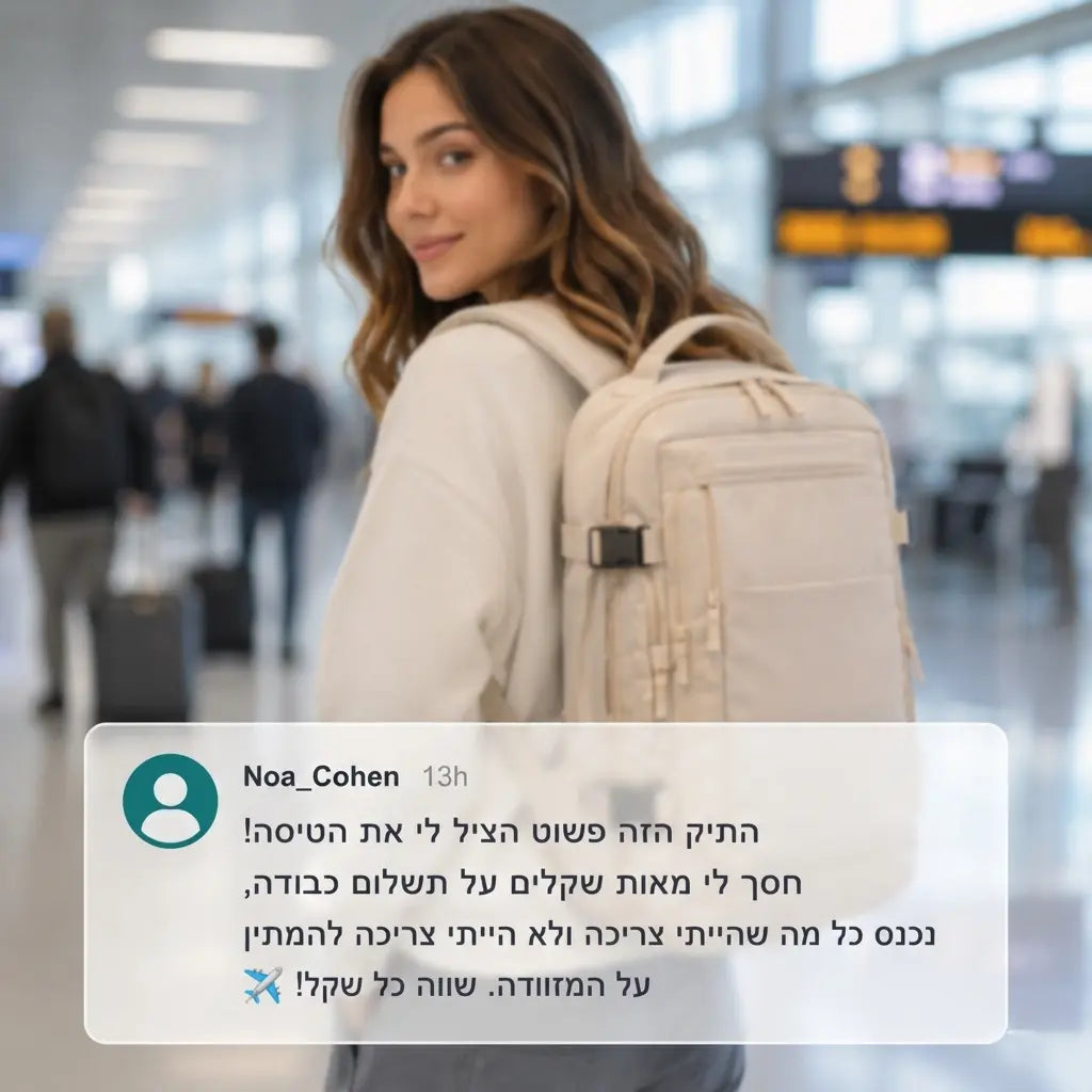 לקוחה מרוצה עם תיק הטיסות AeroFlow לאחר שחסכה בעלויות כבודה בטיסה