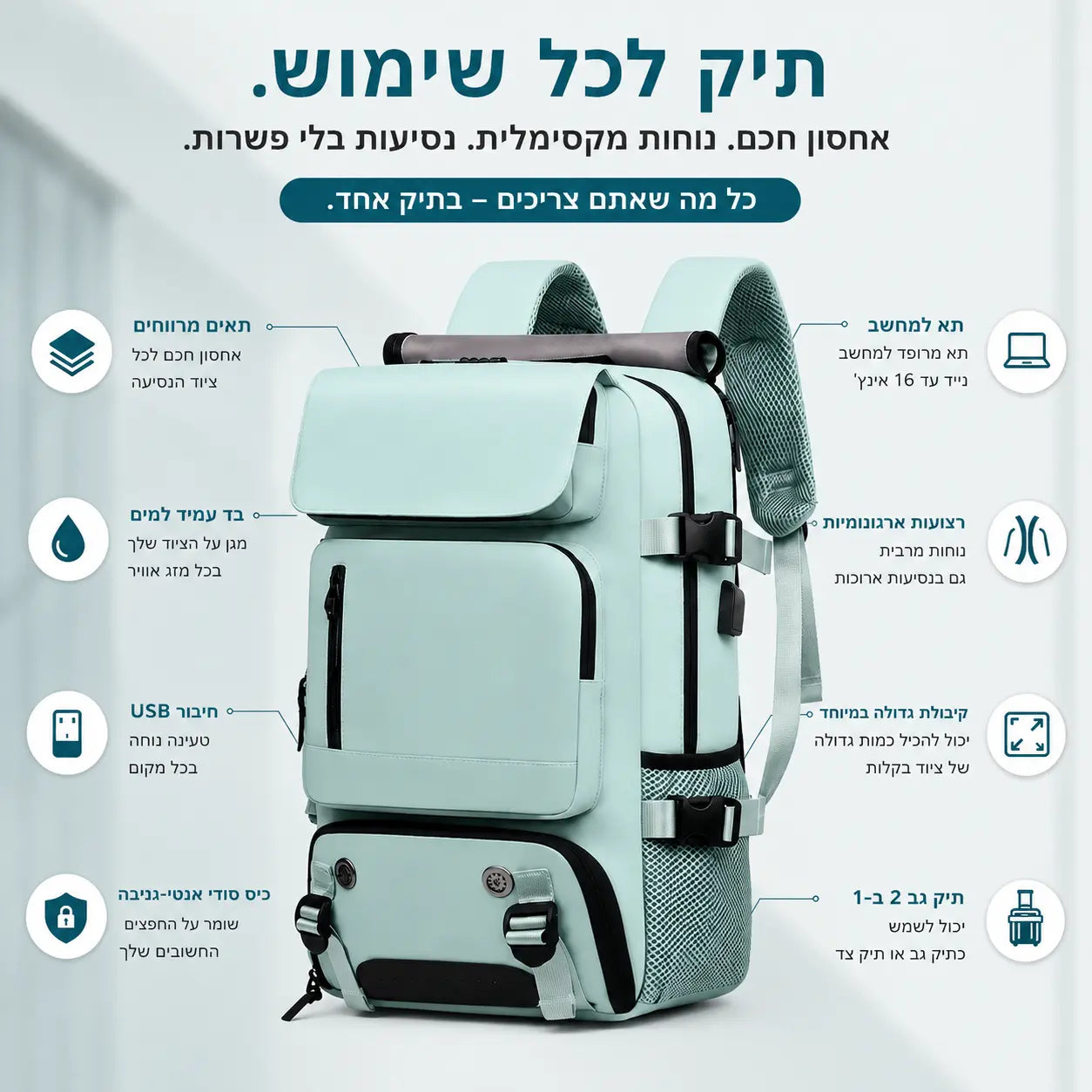 תיק נסיעות וטיולים Apex עם תאים מרובים, תא לנעליים ונפח אחסון גדול