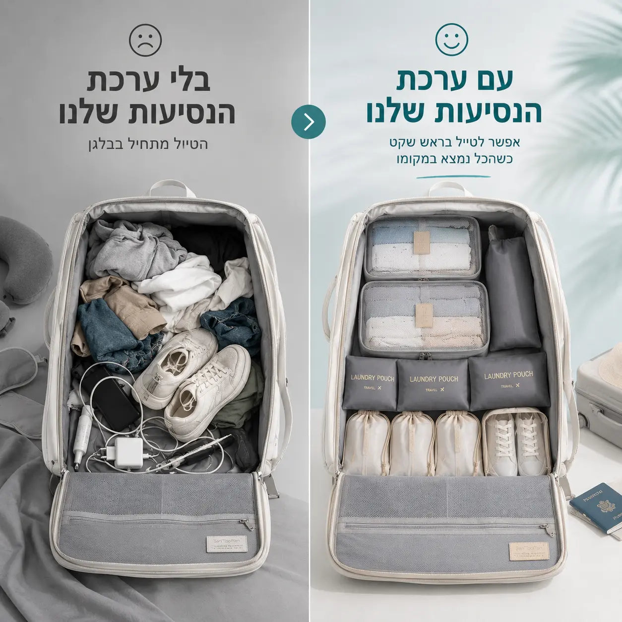 תיק גב לפני ואחרי ארגון באמצעות ערכת הנסיעות FlexPack וארגוניות לאריזה