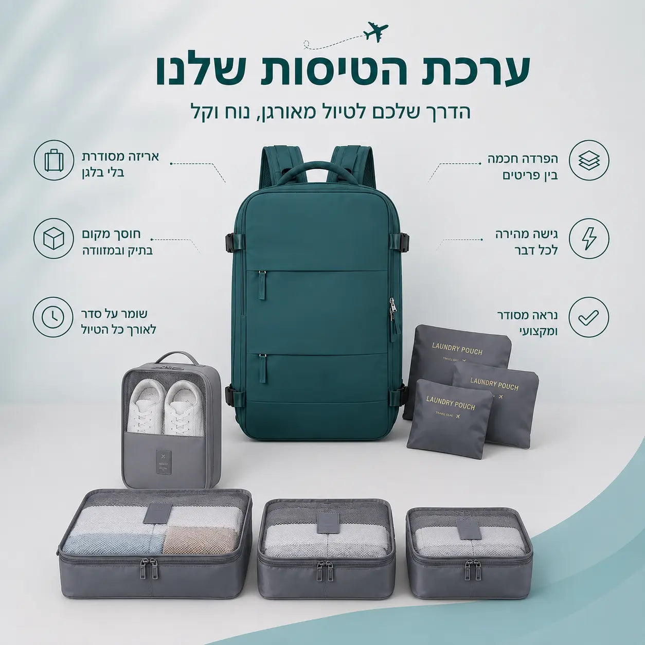 ערכת טיסה FlyEase הכוללת תיק טיסות, ארגוניות לאריזה ונרתיק נעליים - פיתרון ארגון חכם לנסיעות