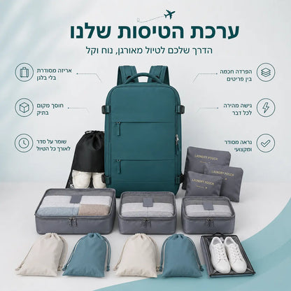 ערכת טיסה FlyEase הכוללת תיק טיסות, ארגוניות לאריזה ונרתיקי נעליים עם פתרונות ארגון חכמים לנסיעות