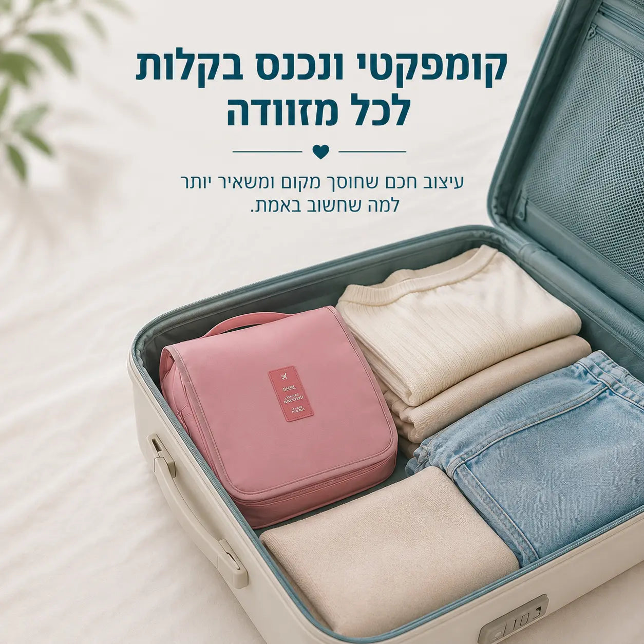 תיק הרחצה HangCase נכנס בקלות למזוודה ושומר על מוצרי הטיפוח מסודרים