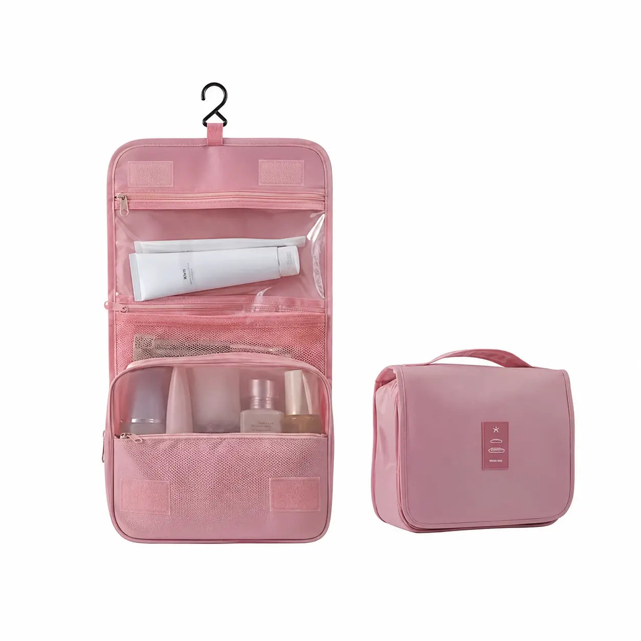 תיק הרחצה HangCase עם וו תלייה ותאי אחסון על רקע לבן