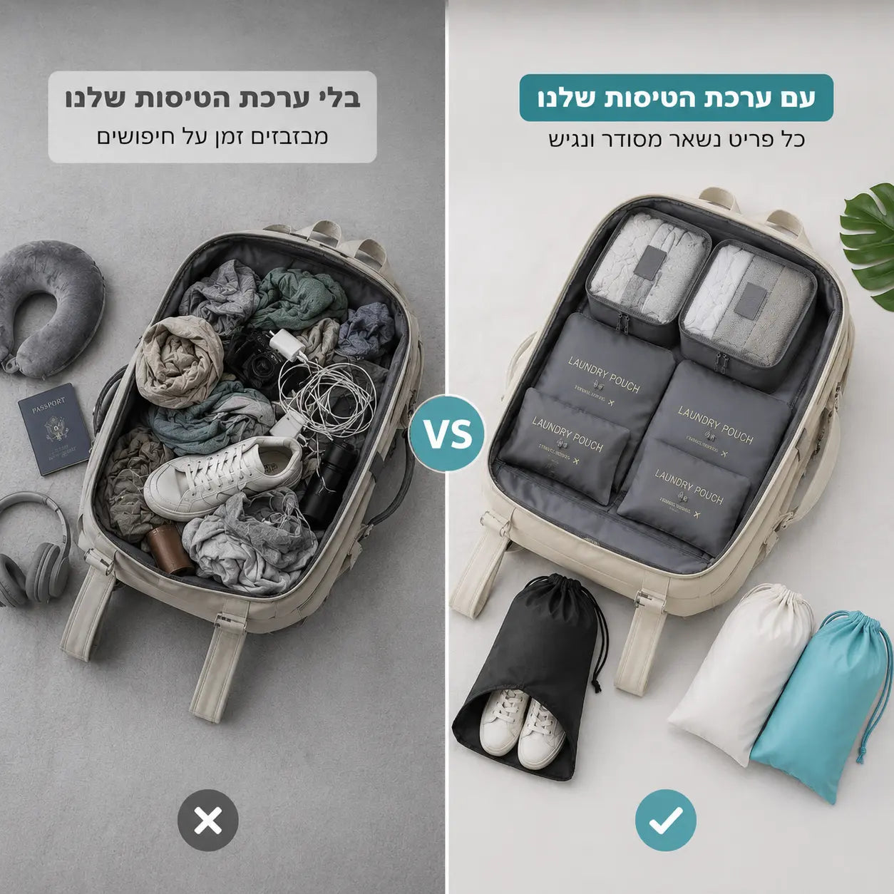 תיק גב לפני ואחרי ארגון באמצעות ערכת הטיסות JetSet וארגוניות לאריזה
