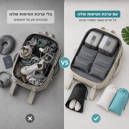 תיק גב לפני ואחרי ארגון באמצעות ערכת הטיסות JetSet וארגוניות לאריזה