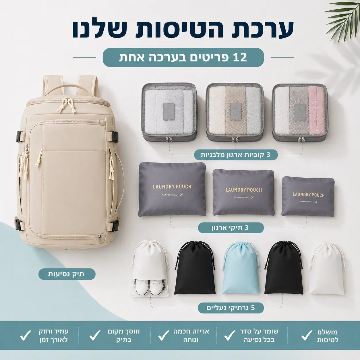 ערכת טיסות JetSet הכוללת תיק טיסות ו-11 אביזרי ארגון לאריזה מסודרת ונוחה
