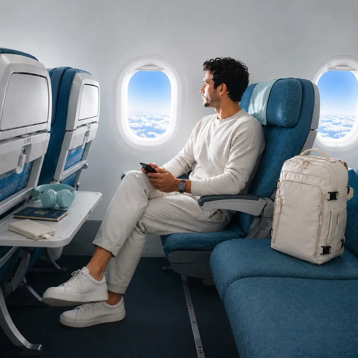 בחור יושב במטוס עם תיק AeroFlow לצידו 