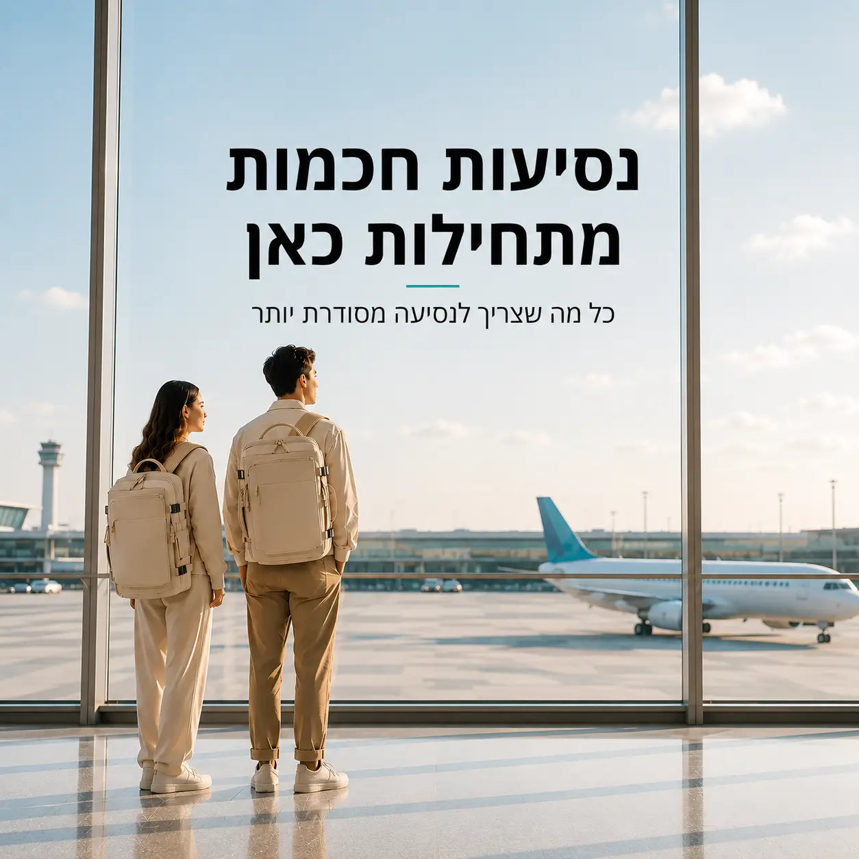 בני זוג עומדים בשדה תעופה ולובשים את תיק טיסות AeroFlow