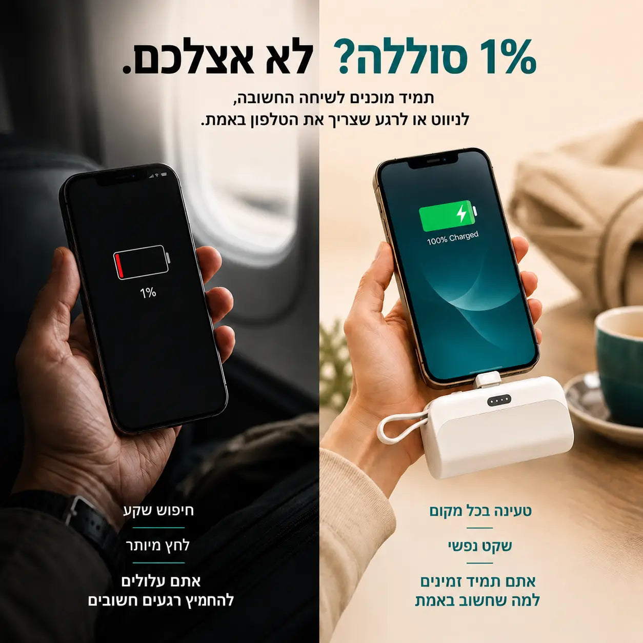 השוואה בין סוללה כמעט ריקה לטעינה מלאה באמצעות המטען הנייד של KitFlow