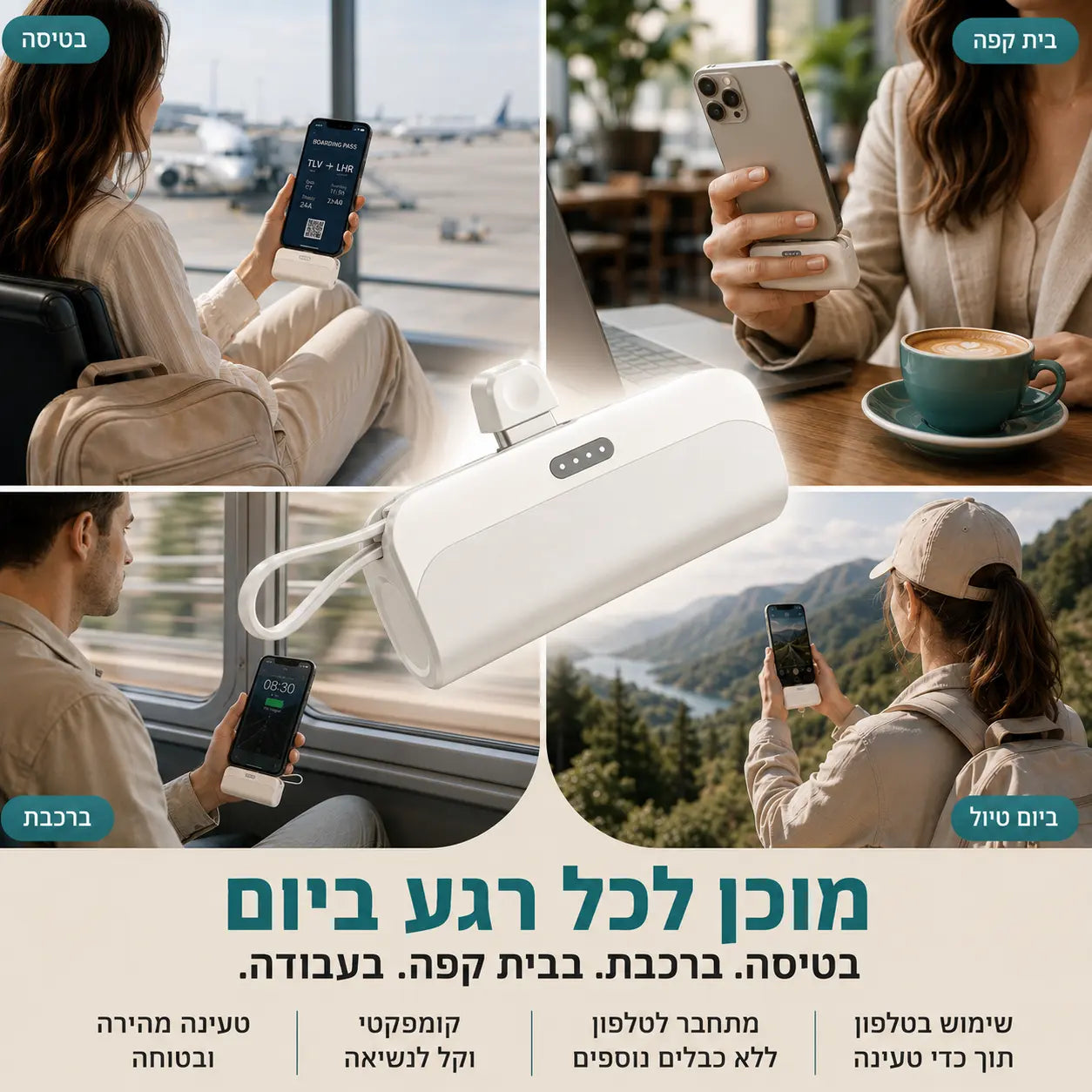 המטען הנייד של KitFlow לטעינת סמארטפונים במהלך טיסות, נסיעות, עבודה וטיולים