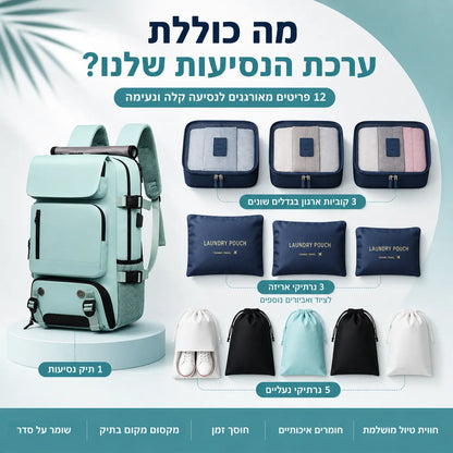 ערכת נסיעות PeakPack הכוללת תיק גב ו-11 אביזרי ארגון לאריזה מסודרת ונוחה