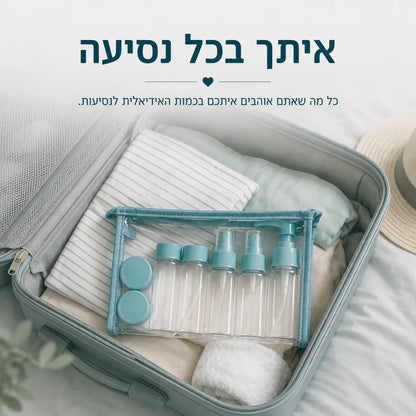 ערכת בקבוקי הנסיעות Refill שומרת על מוצרי הטיפוח מסודרים ונגישים בכל נסיעה