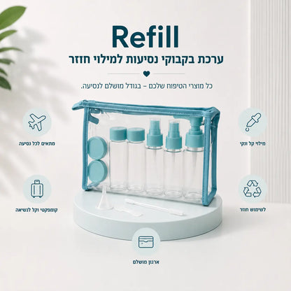 ערכת בקבוקי הנסיעות Refill עם בקבוקים רב פעמיים, מכלים נוחים ותיק אחסון לנסיעות