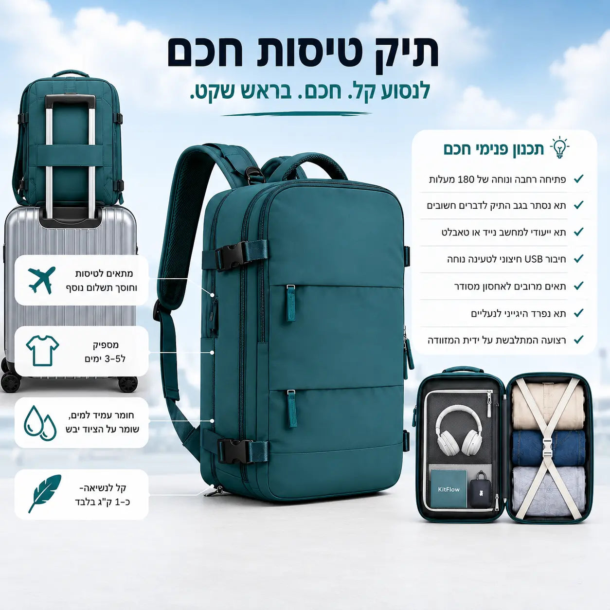 תיק טיסות SkyFlow המתאים לעלייה למטוס עם תאים מרובים, תא לנעליים ונפח אחסון גדול