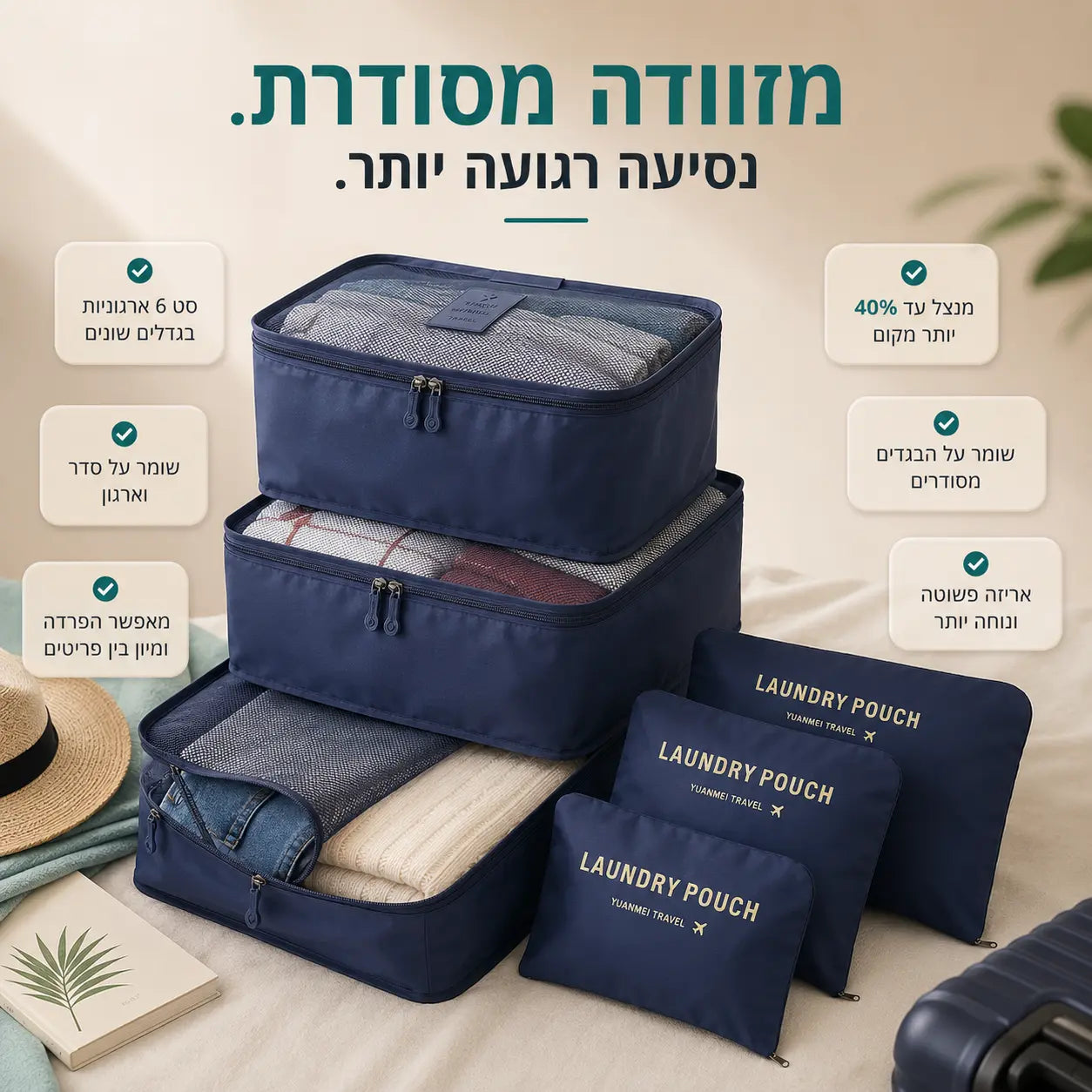סט ארגוניות לאריזה חכמה המסייע לחסוך מקום ולשמור על סדר וארגון בתיק ובמזוודה