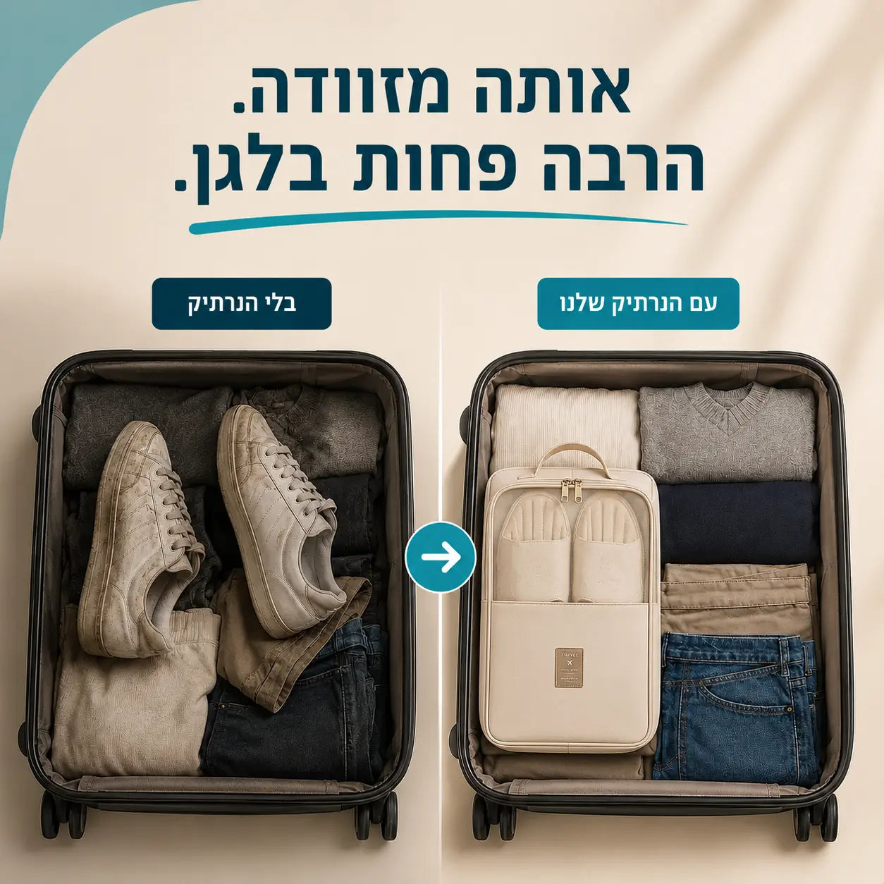 השוואה בין מזוודה מבולגנת למזוודה מאורגנת באמצעות נרתיק הנעליים StepPack