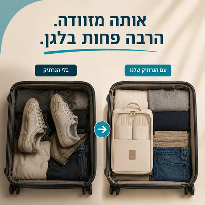 השוואה בין מזוודה מבולגנת למזוודה מאורגנת באמצעות נרתיק הנעליים StepPack